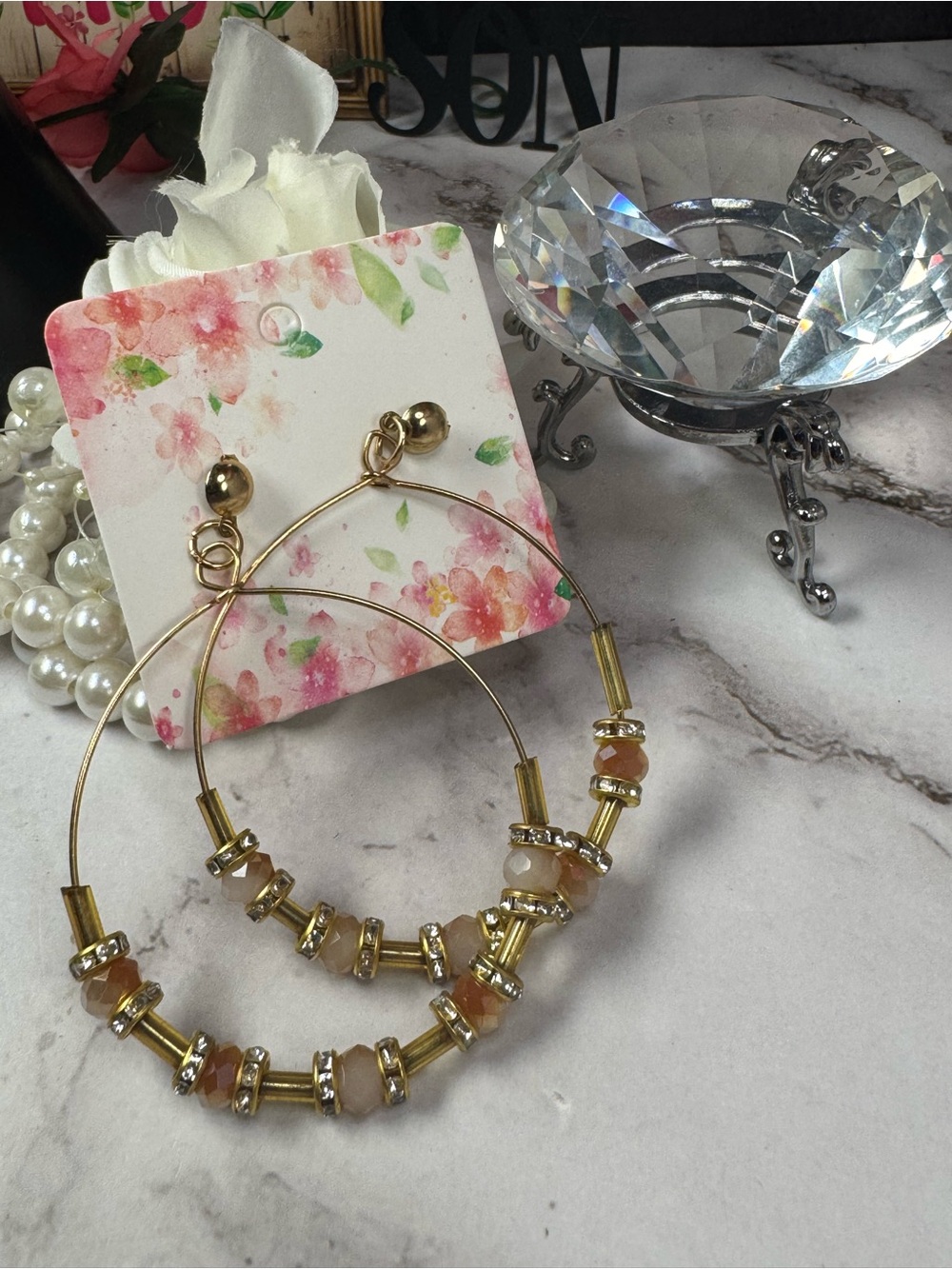 Gold Hoop Earrings with Peach-Beige Beads